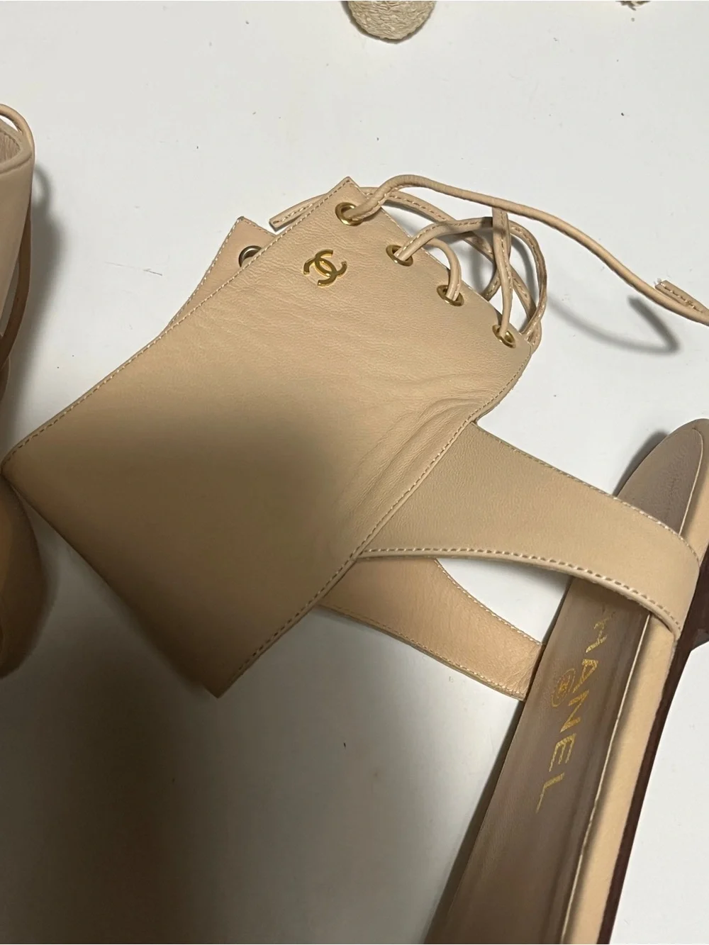 CHANEL Nude Leather Lace-Back Flat Sandals - Picture 2 of 6